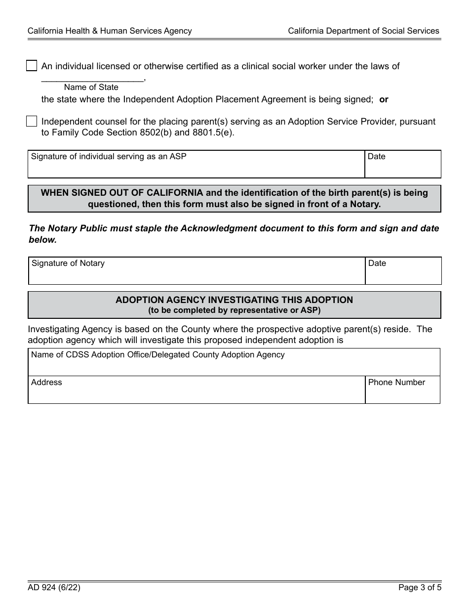 Form AD924 Independent Adoption Placement Agreement - California, Page 3