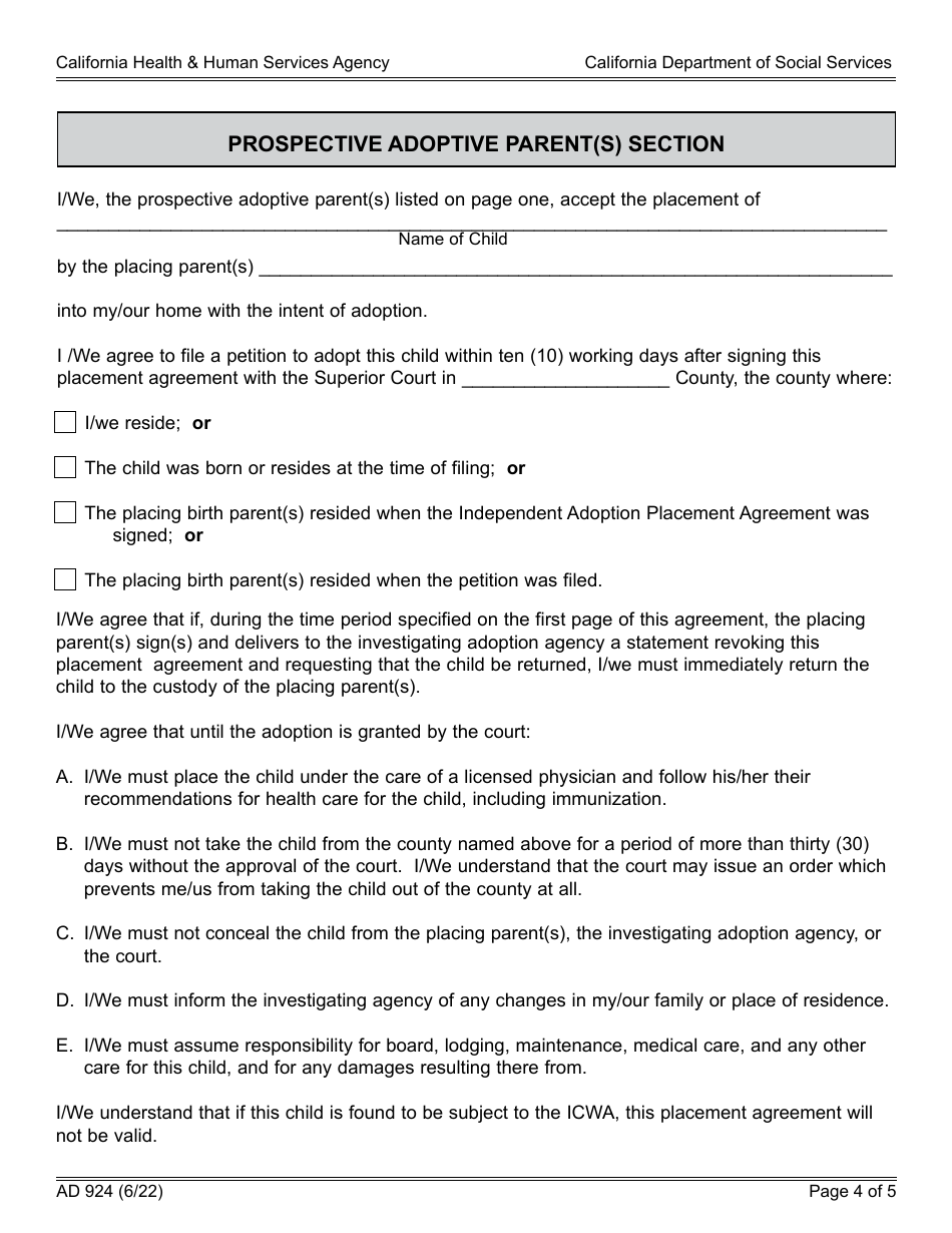 Form AD924 Independent Adoption Placement Agreement - California, Page 4