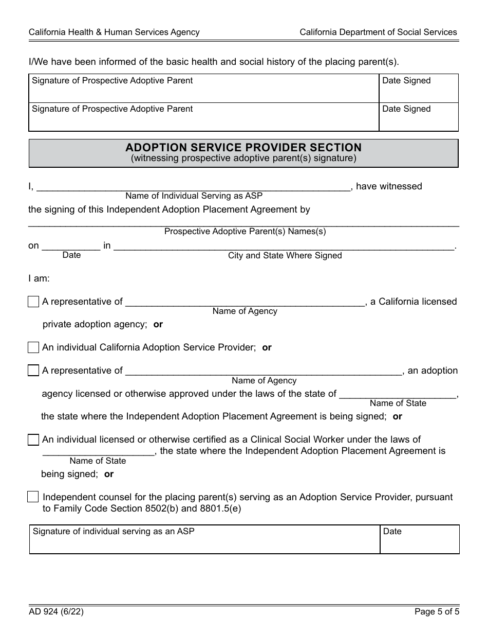 Form AD924 Independent Adoption Placement Agreement - California, Page 5