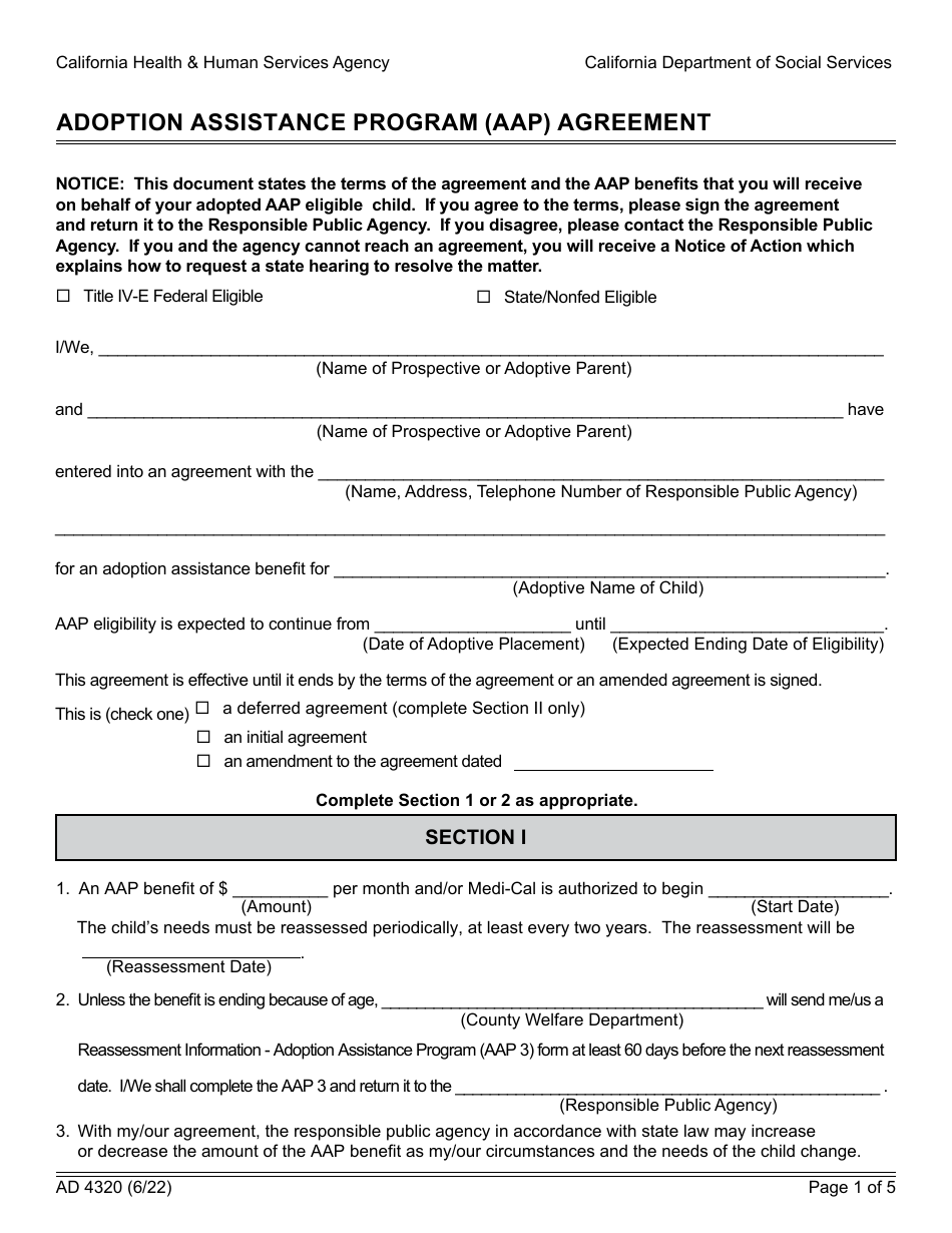 Form AD4320 Adoption Assistance Program (Aap) Agreement - California, Page 1