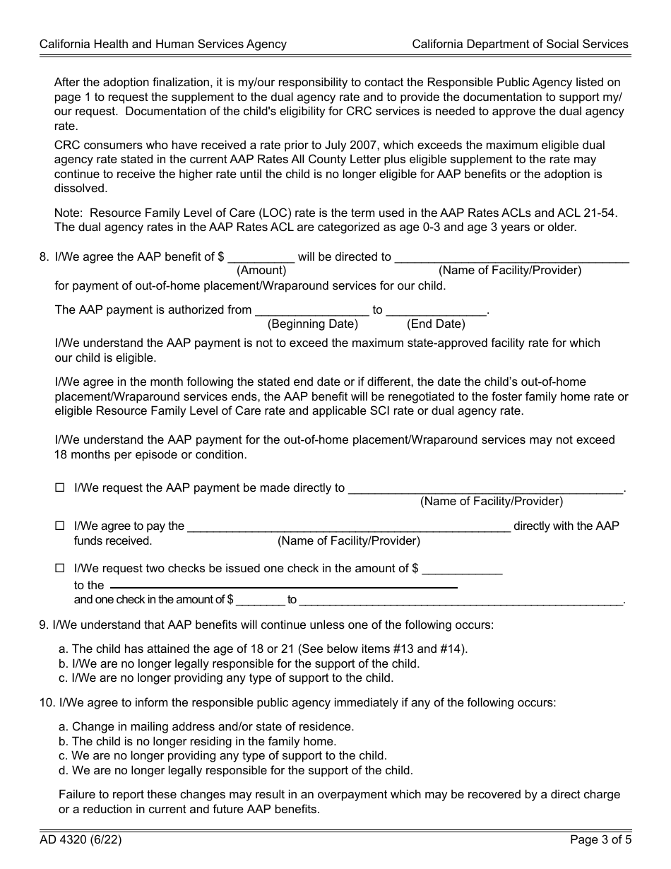 Form AD4320 Adoption Assistance Program (Aap) Agreement - California, Page 3