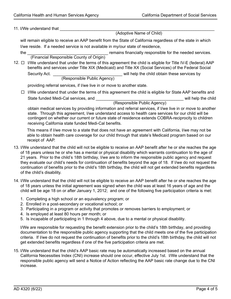 Form AD4320 Adoption Assistance Program (Aap) Agreement - California, Page 4