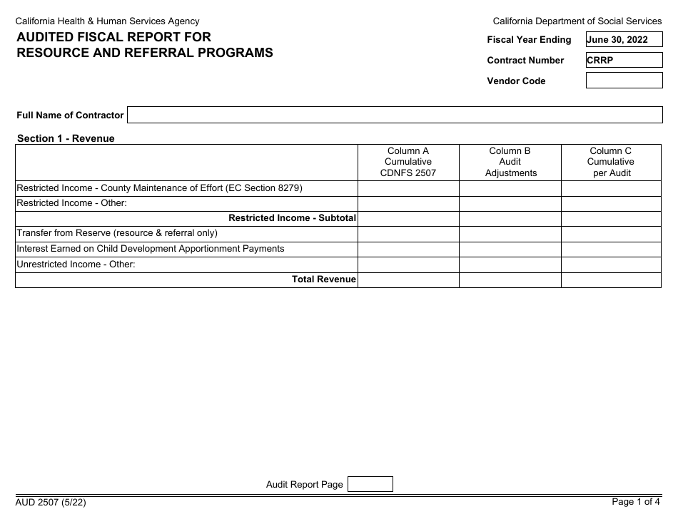 Form AUD2507 Audited Fiscal Report for Resource and Referral Programs - California, Page 1