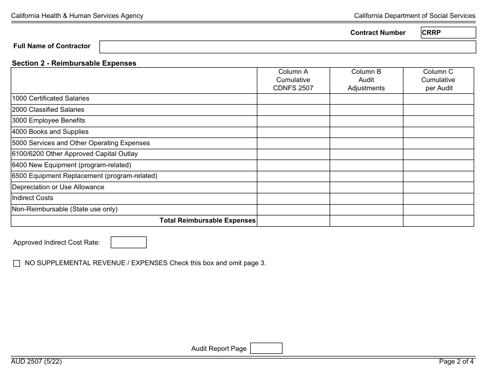 Form AUD2507 Audited Fiscal Report for Resource and Referral Programs - California, Page 2