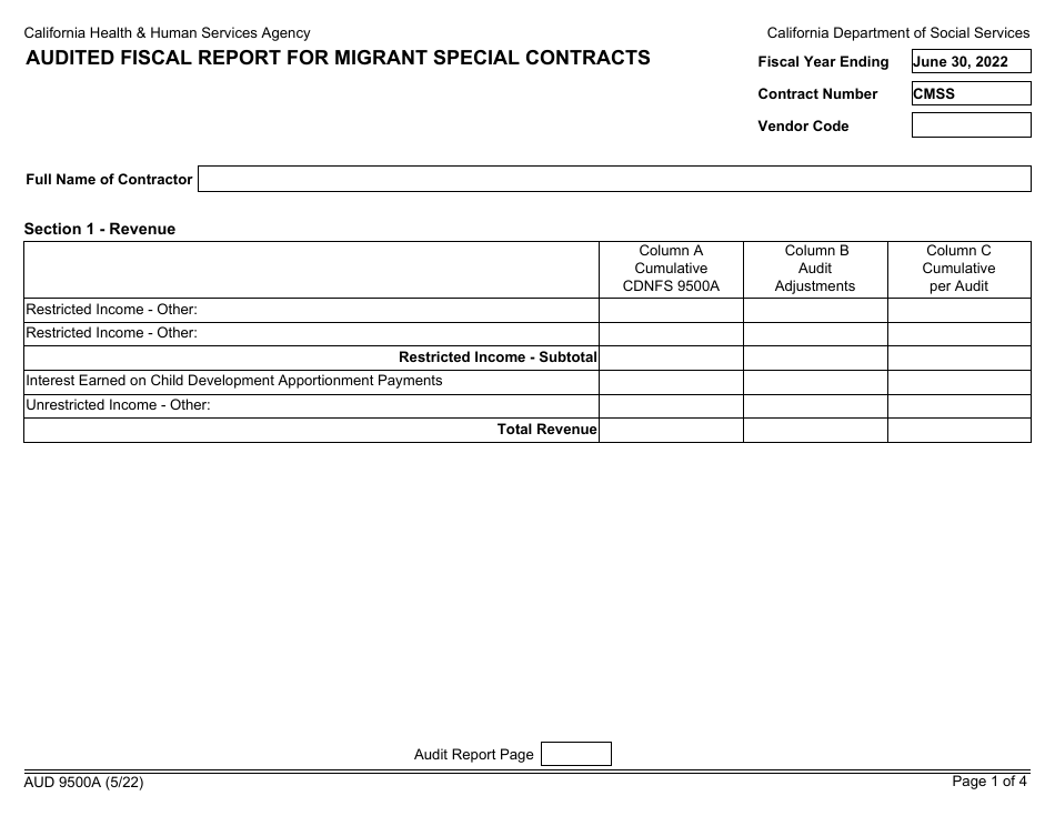 Form AUD9500A Audited Fiscal Report for Migrant Special Contracts - California, Page 1