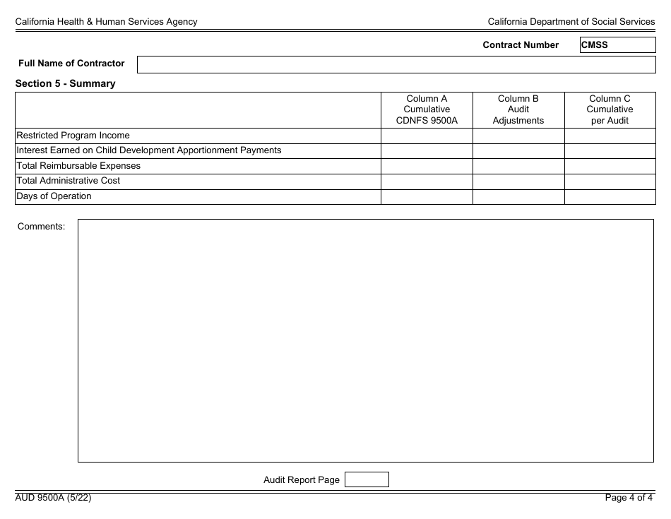 Form AUD9500A Audited Fiscal Report for Migrant Special Contracts - California, Page 4