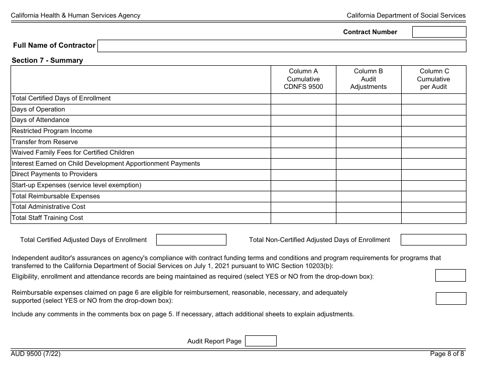 Form AUD9500 Audited Attendance and Fiscal Report for Child Development Programs - California, Page 8