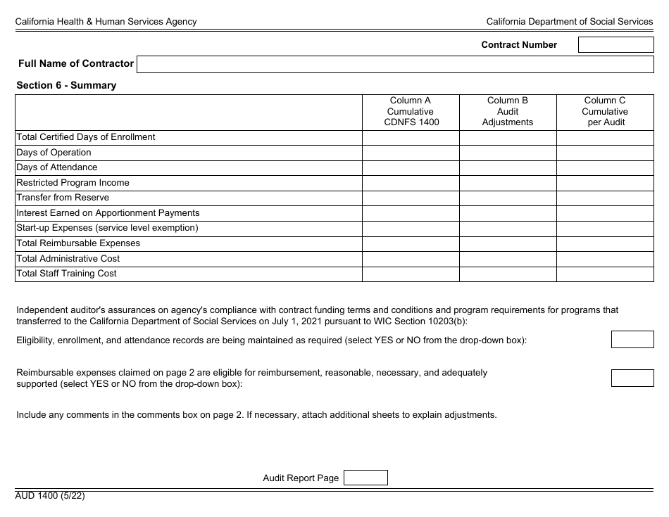 Form AUD1400 Audited Attendance and Fiscal Report for Special Programs for the Severely Handicapped - California, Page 4