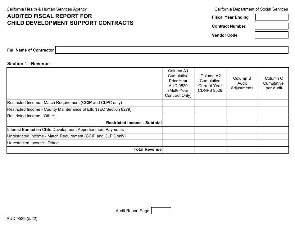 Form AUD9529 Audited Fiscal Report for Child Development Support Contracts - California, Page 1