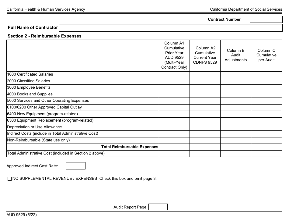 Form AUD9529 Audited Fiscal Report for Child Development Support Contracts - California, Page 2