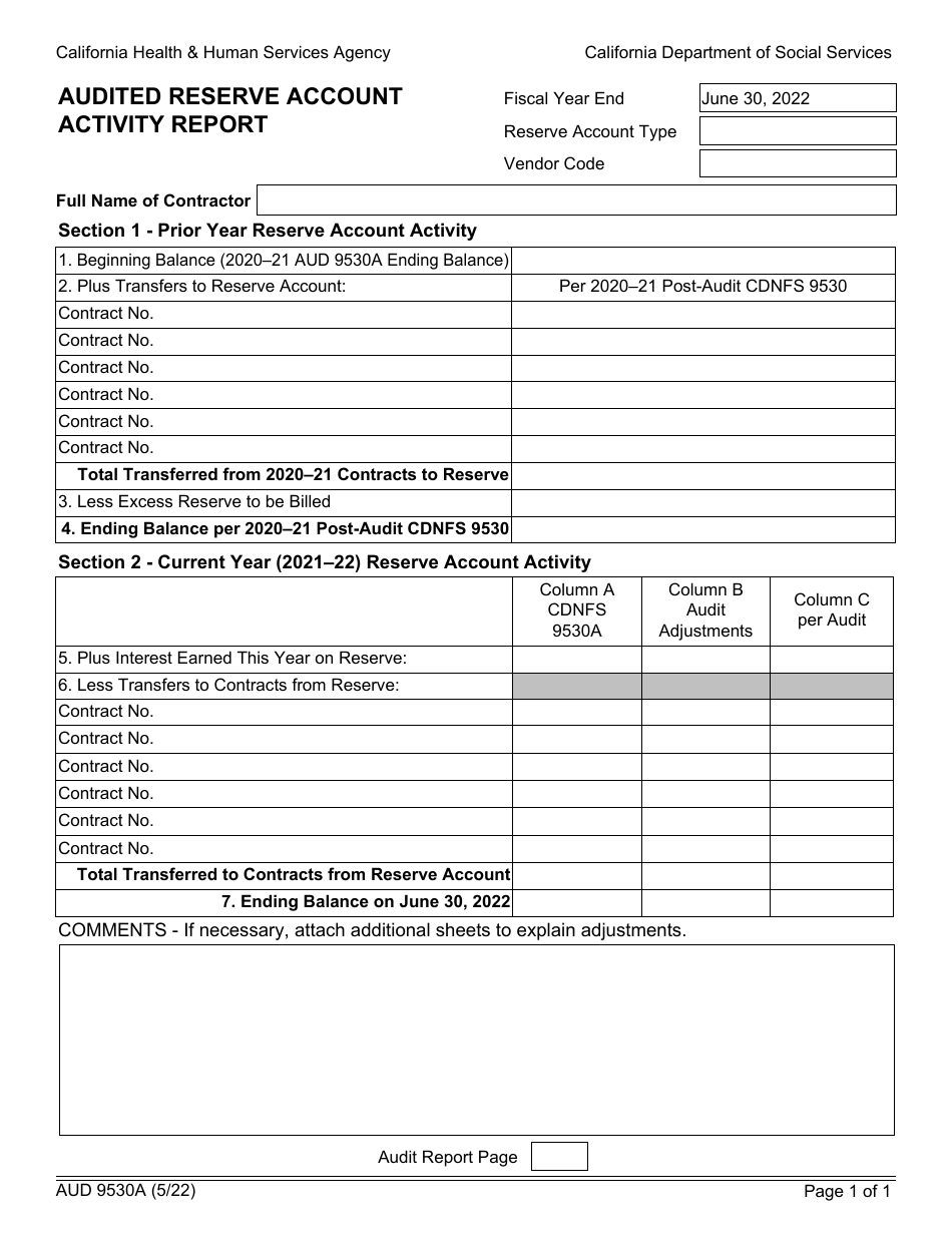 Form AUD9530A Audited Reserve Account Activity Report - California, Page 1