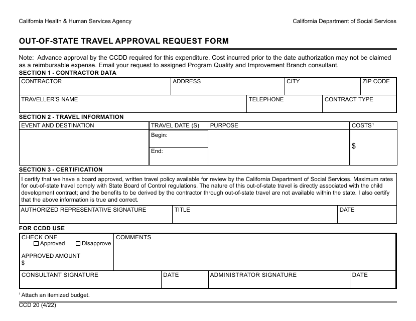 Form CCD20 Out-of-State Travel Approval Request Form - California
