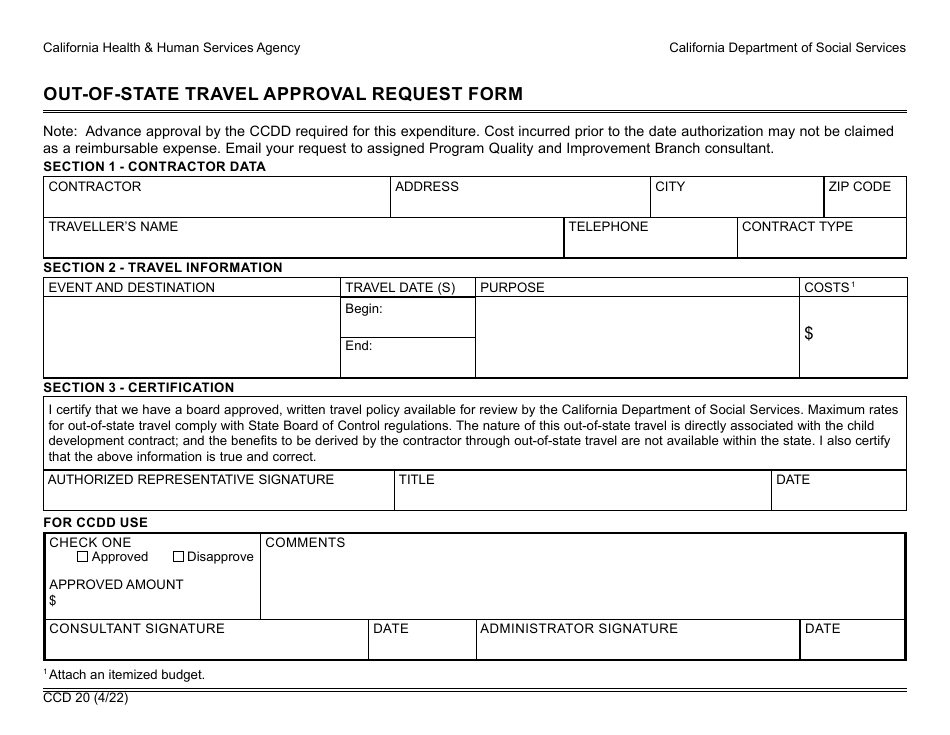 Form CCD20 Out-of-State Travel Approval Request Form - California, Page 1
