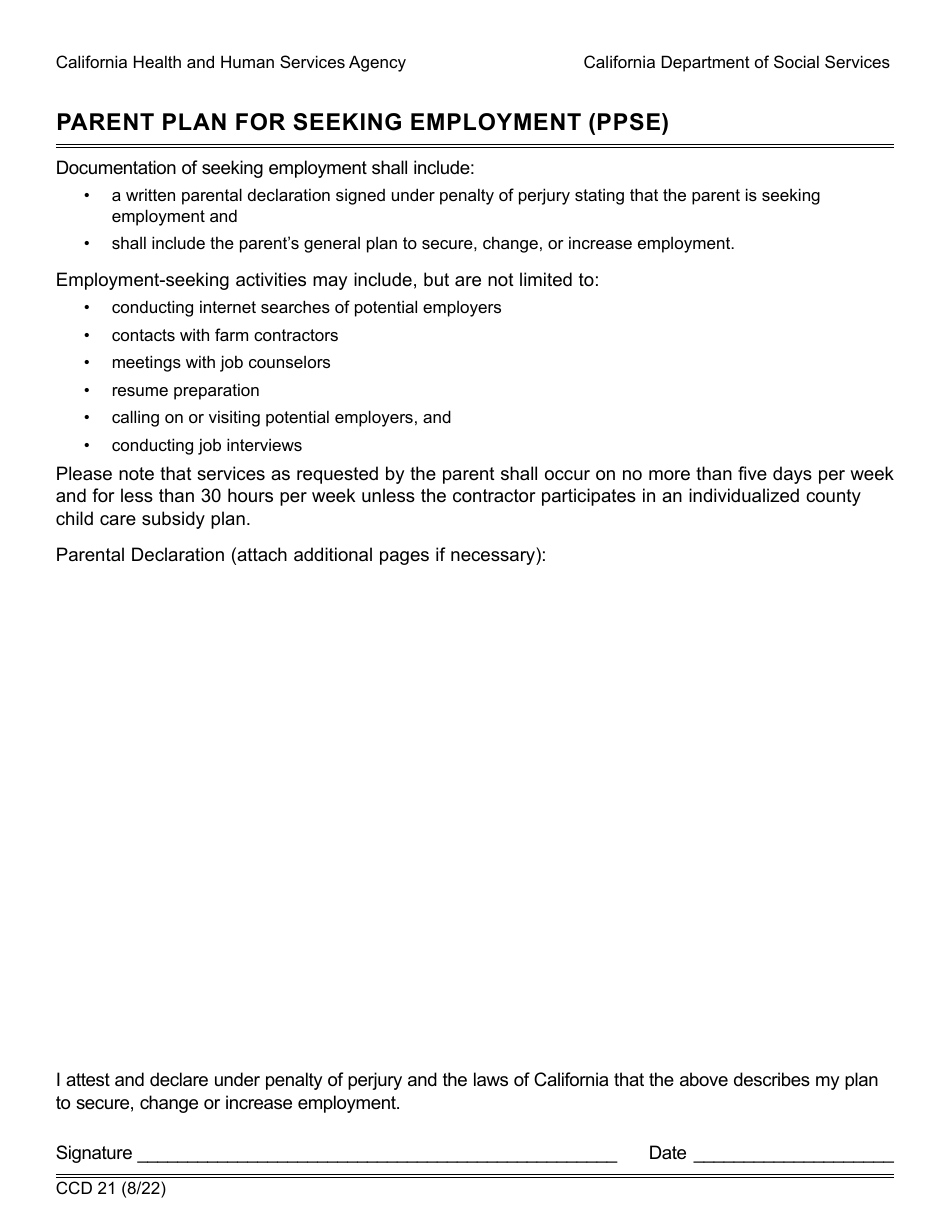 Form CCD21 Parent Plan for Seeking Employment (Ppse) - California, Page 1