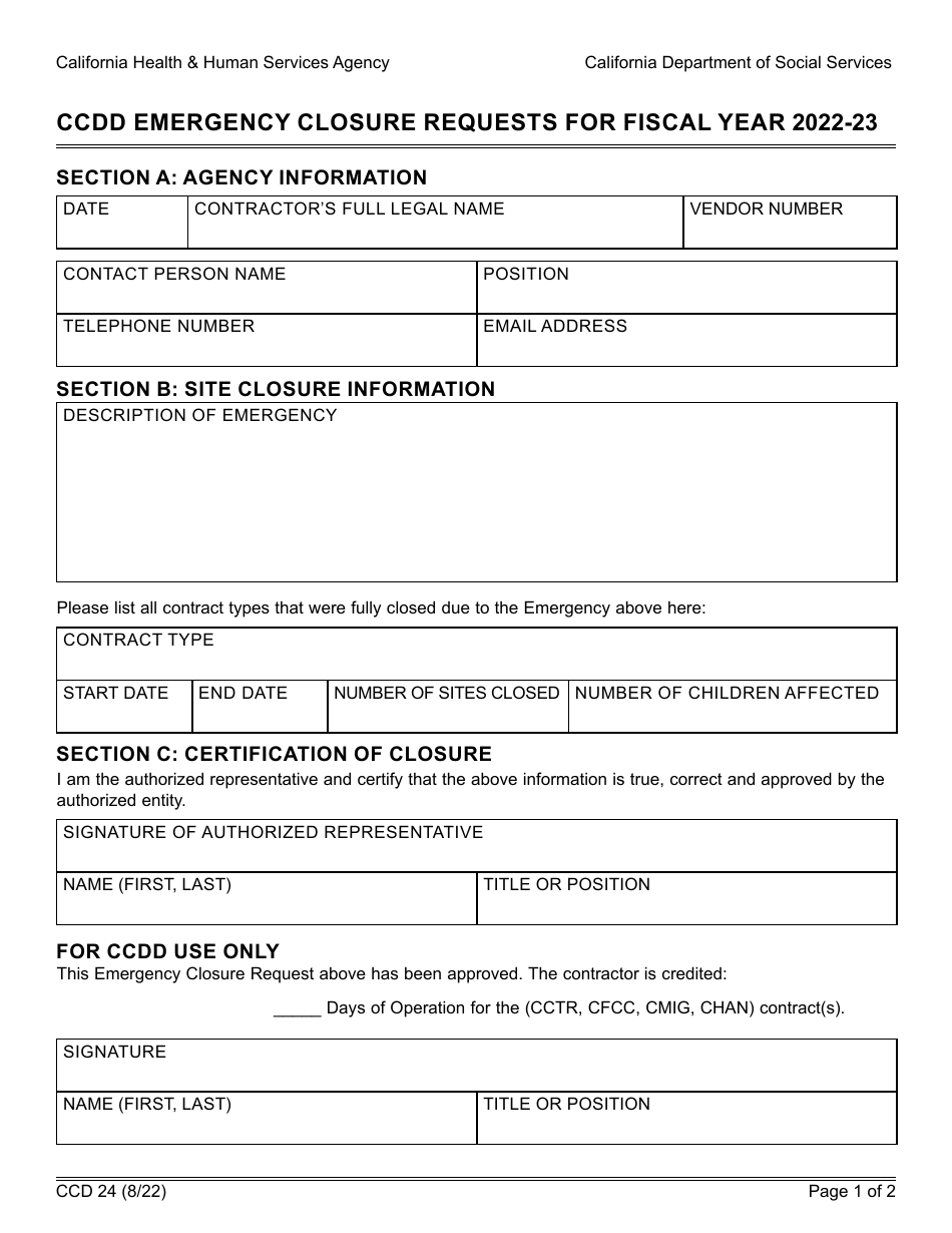 Form CCD24 Ccdd Emergency Closure Requests - California, Page 1