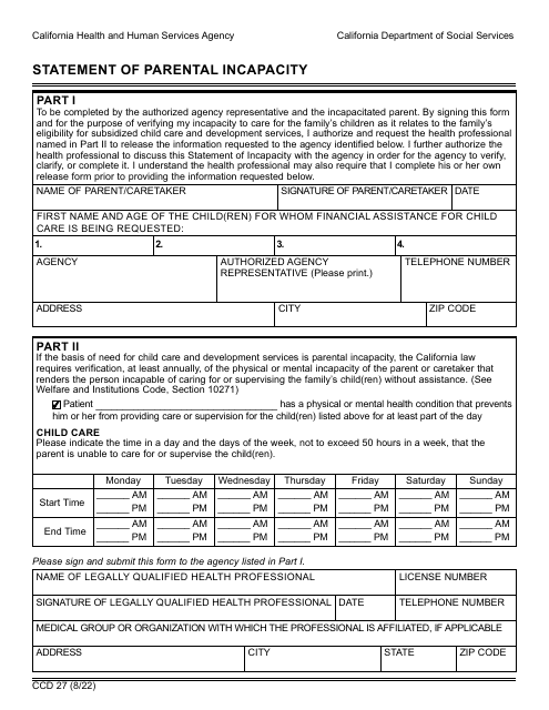 Form CCD27 Statement of Parental Incapacity - California