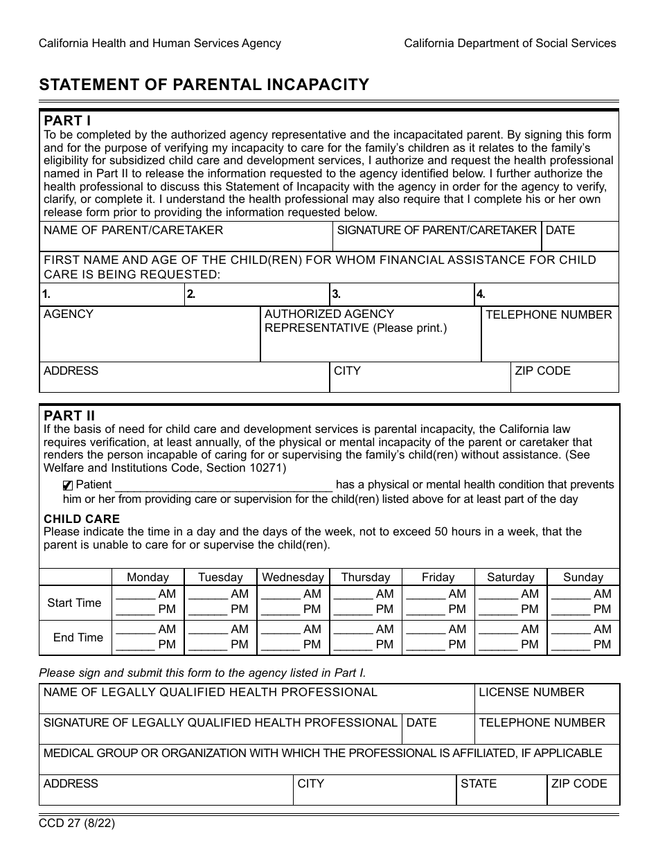 Form CCD27 Statement of Parental Incapacity - California, Page 1