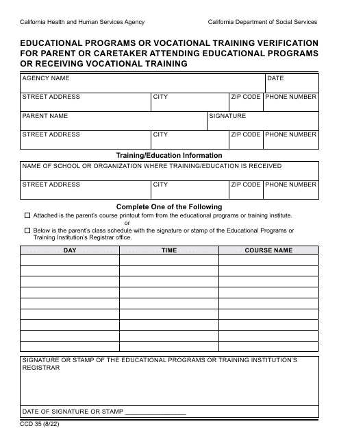 Form CCD35 Educational Programs or Vocational Training Verification for Parent or Caretaker Attending Educational Programs or Receiving Vocational Training - California