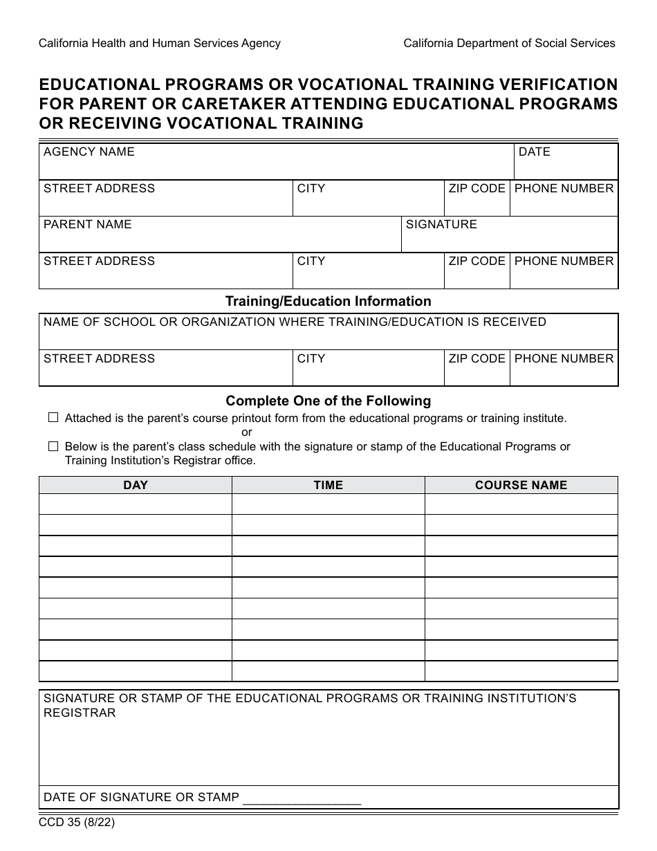 Form CCD35 Educational Programs or Vocational Training Verification for Parent or Caretaker Attending Educational Programs or Receiving Vocational Training - California, Page 1