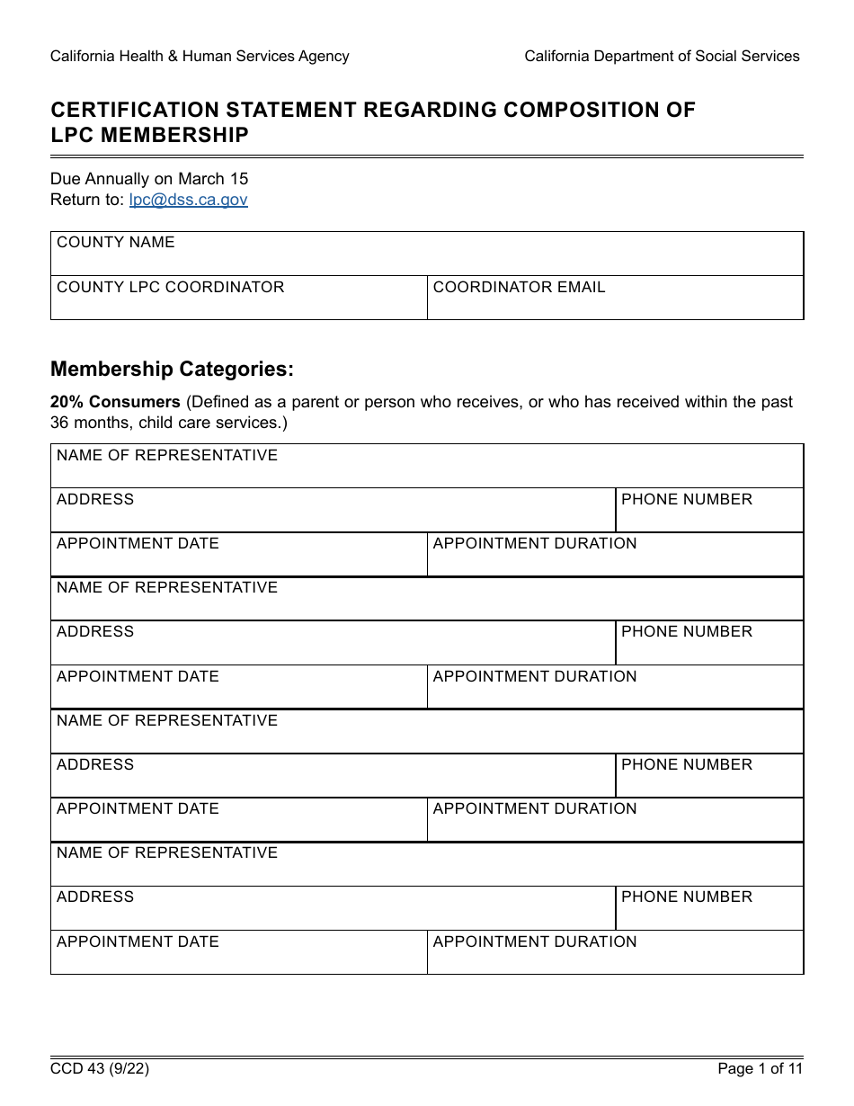 Form CCD43 Certification Statement Regarding Composition of Lpc Membership - California, Page 1