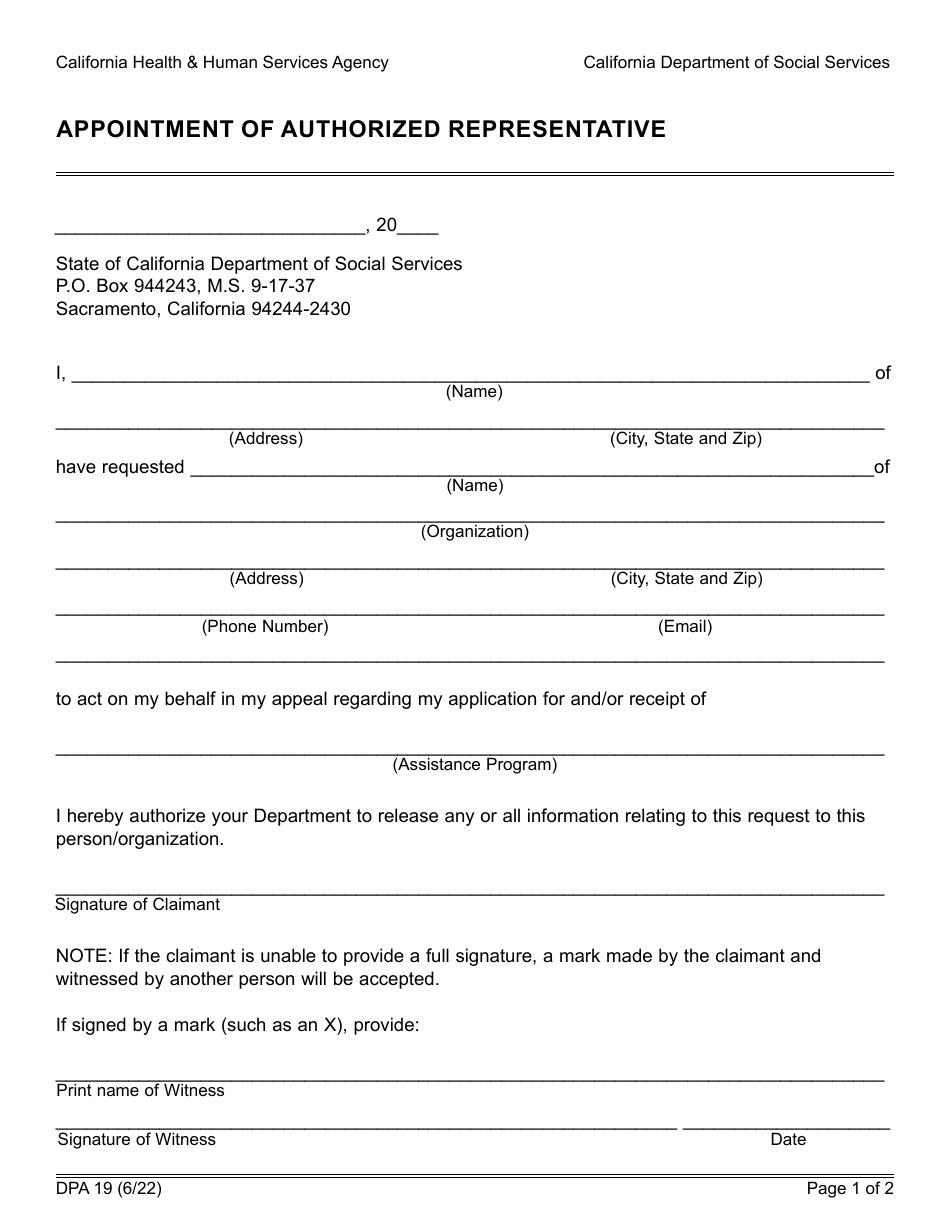 Form DPA19 Appointment of Authorized Representative - California, Page 1