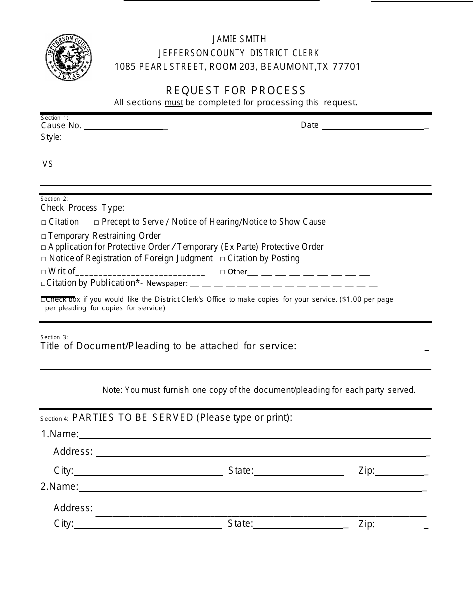 Request for Process - Jefferson County, Texas, Page 1