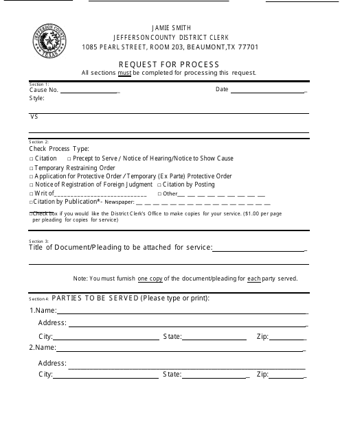 Request for Process - Jefferson County, Texas Download Pdf