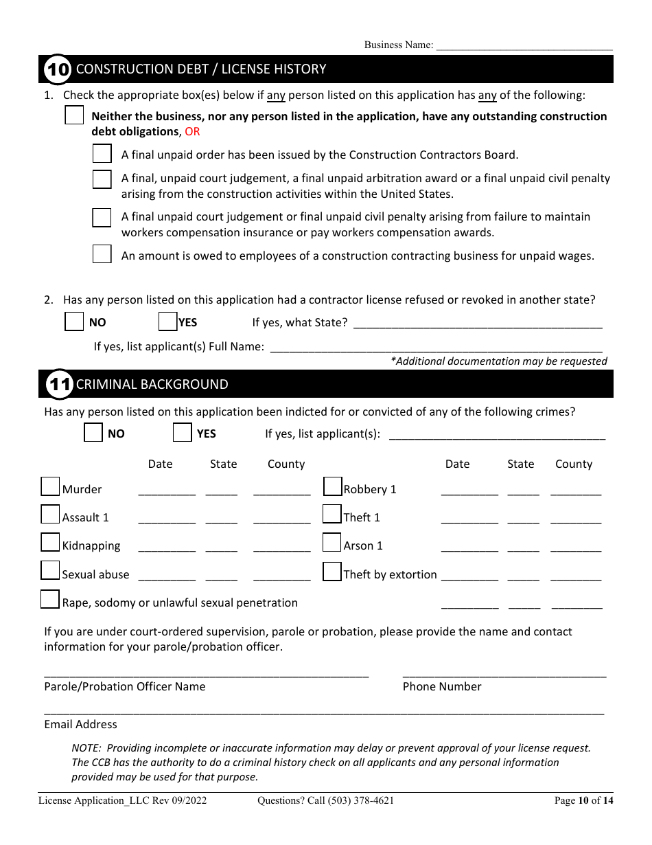 License Application for Limited Liability Company (LLC), Corporation, or Trust (Residential, Commercial or Dual Endorsement) - Oregon, Page 10