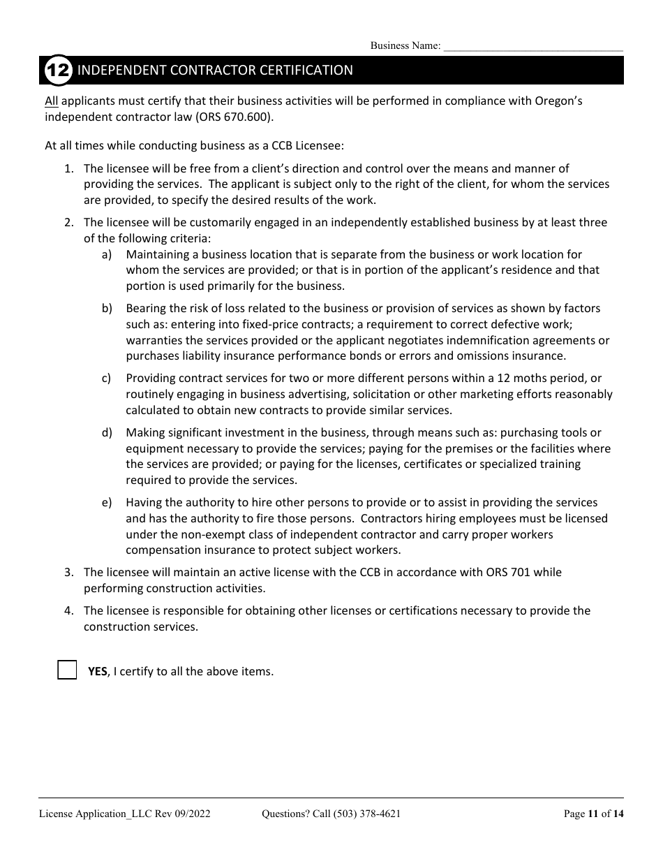 License Application for Limited Liability Company (LLC), Corporation, or Trust (Residential, Commercial or Dual Endorsement) - Oregon, Page 11