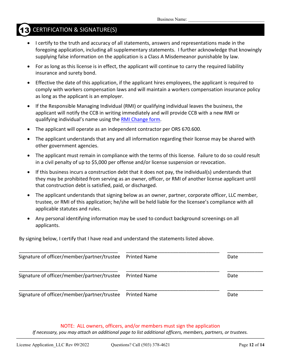 License Application for Limited Liability Company (LLC), Corporation, or Trust (Residential, Commercial or Dual Endorsement) - Oregon, Page 12