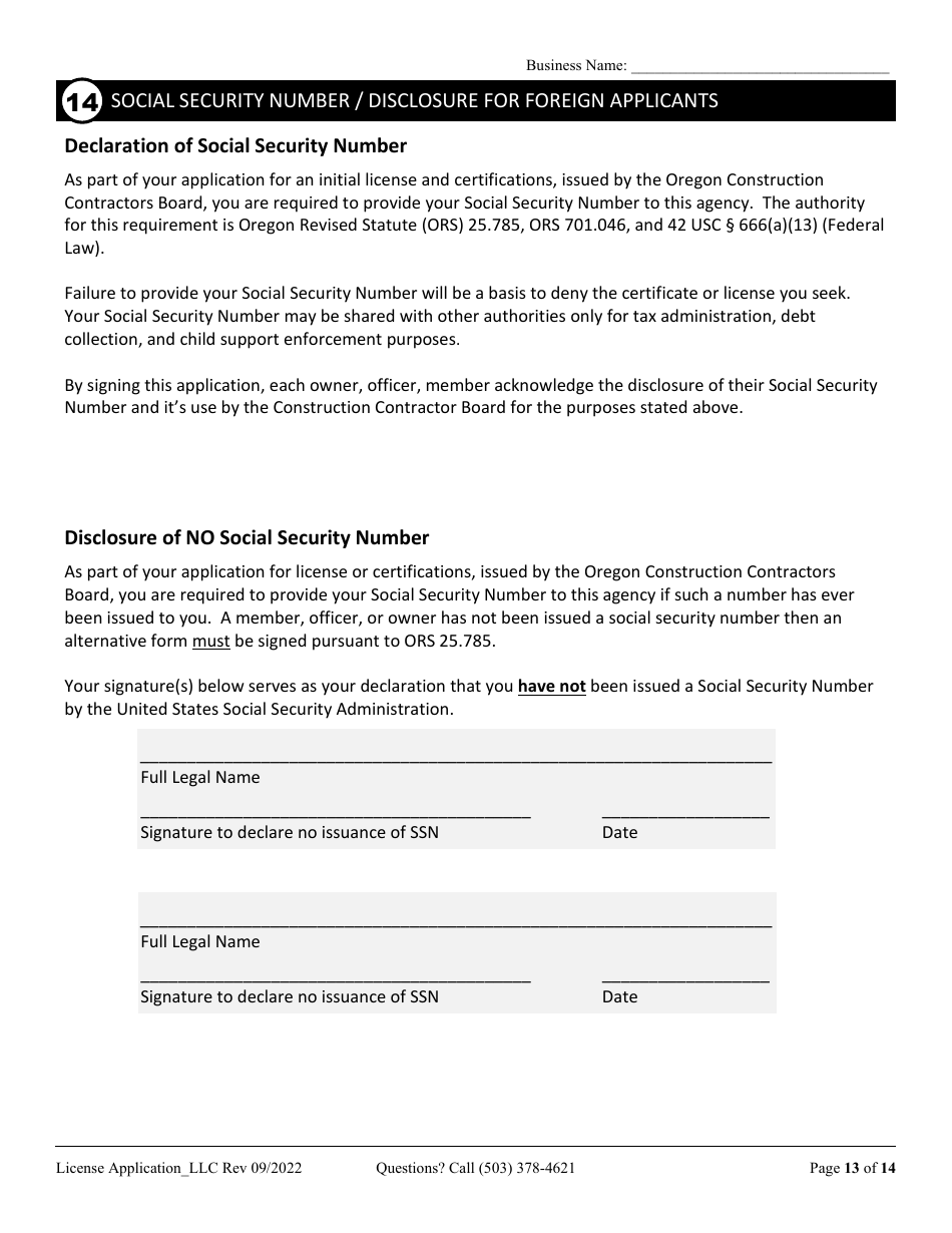 License Application for Limited Liability Company (LLC), Corporation, or Trust (Residential, Commercial or Dual Endorsement) - Oregon, Page 13