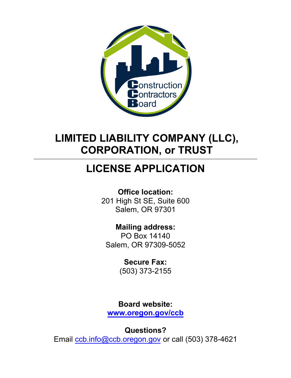 License Application for Limited Liability Company (LLC), Corporation, or Trust (Residential, Commercial or Dual Endorsement) - Oregon, Page 1