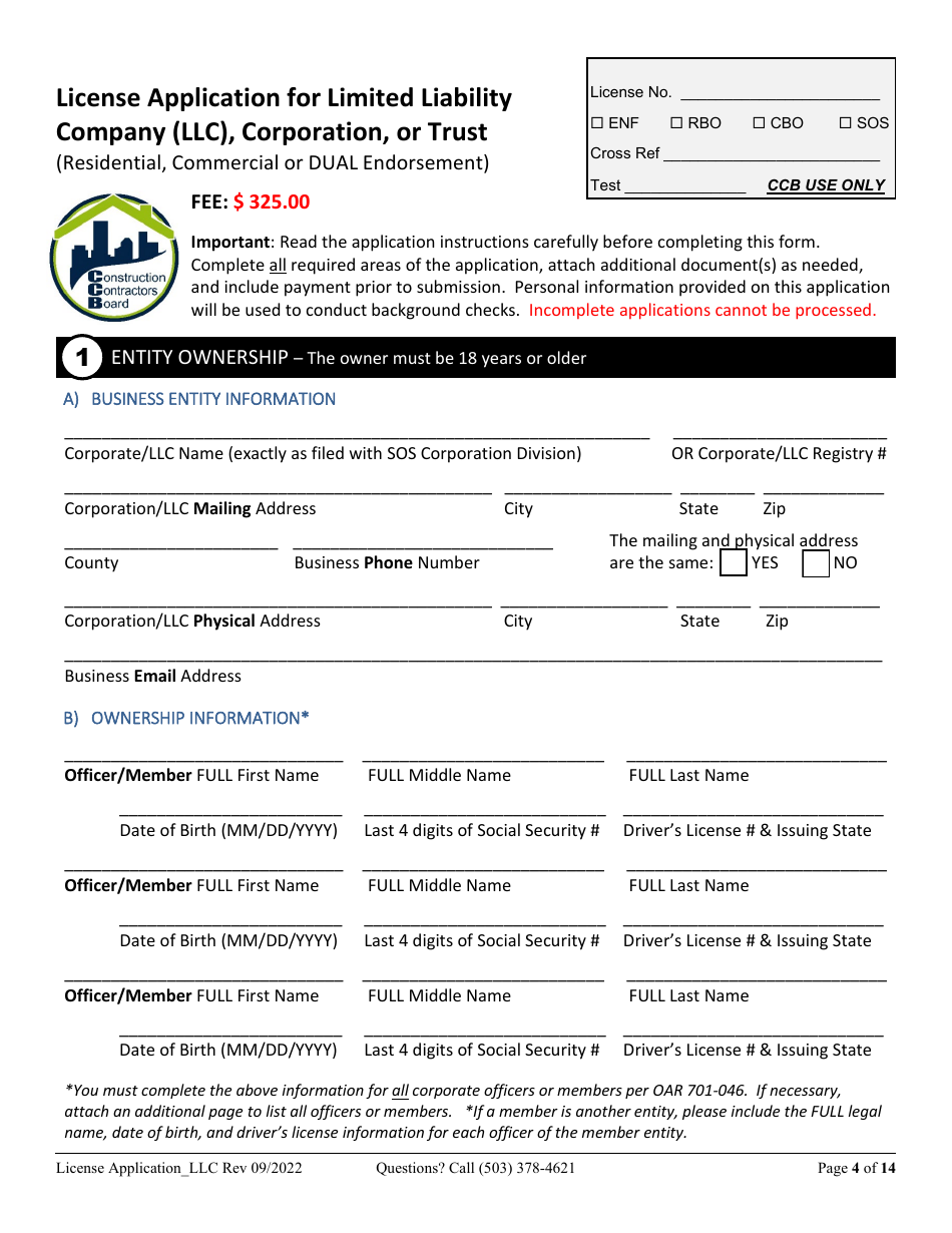 License Application for Limited Liability Company (LLC), Corporation, or Trust (Residential, Commercial or Dual Endorsement) - Oregon, Page 4