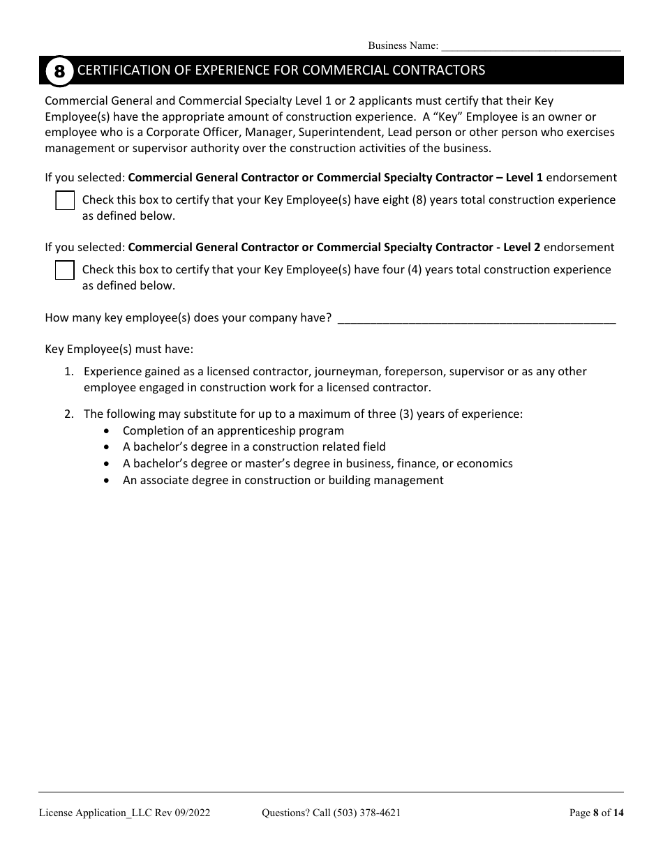 License Application for Limited Liability Company (LLC), Corporation, or Trust (Residential, Commercial or Dual Endorsement) - Oregon, Page 8
