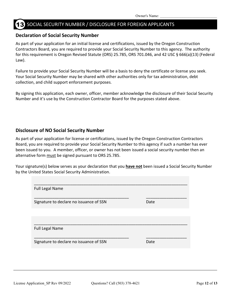 Oregon License Application for Sole Proprietorship (Residential