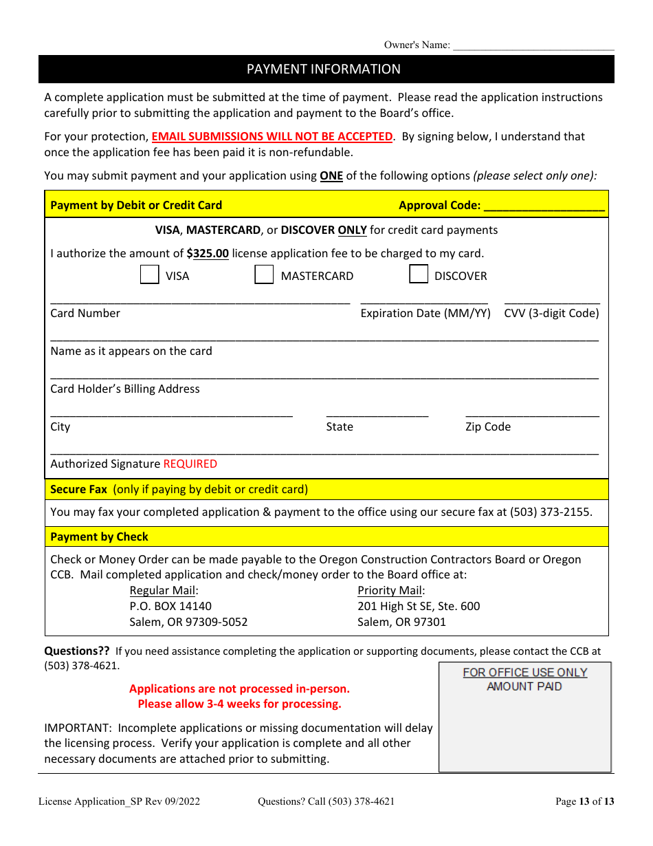 Oregon License Application for Sole Proprietorship (Residential