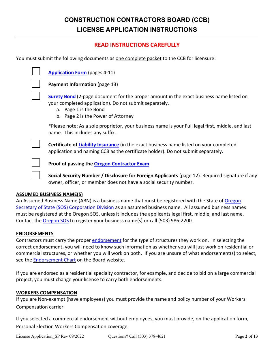 License Application for Sole Proprietorship (Residential, Commercial or Dual Endorsement) - Oregon, Page 2