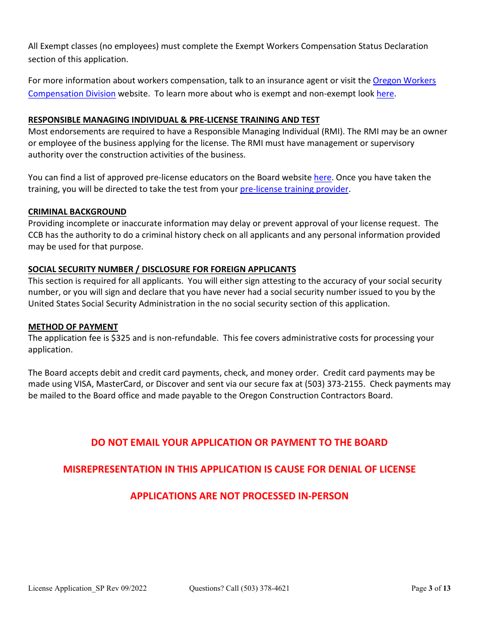 Oregon License Application for Sole Proprietorship (Residential