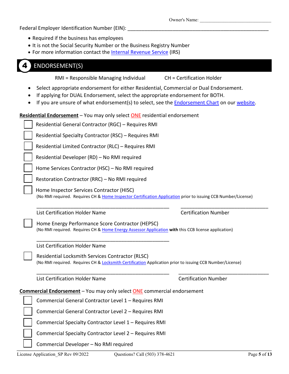 License Application for Sole Proprietorship (Residential, Commercial or Dual Endorsement) - Oregon, Page 5