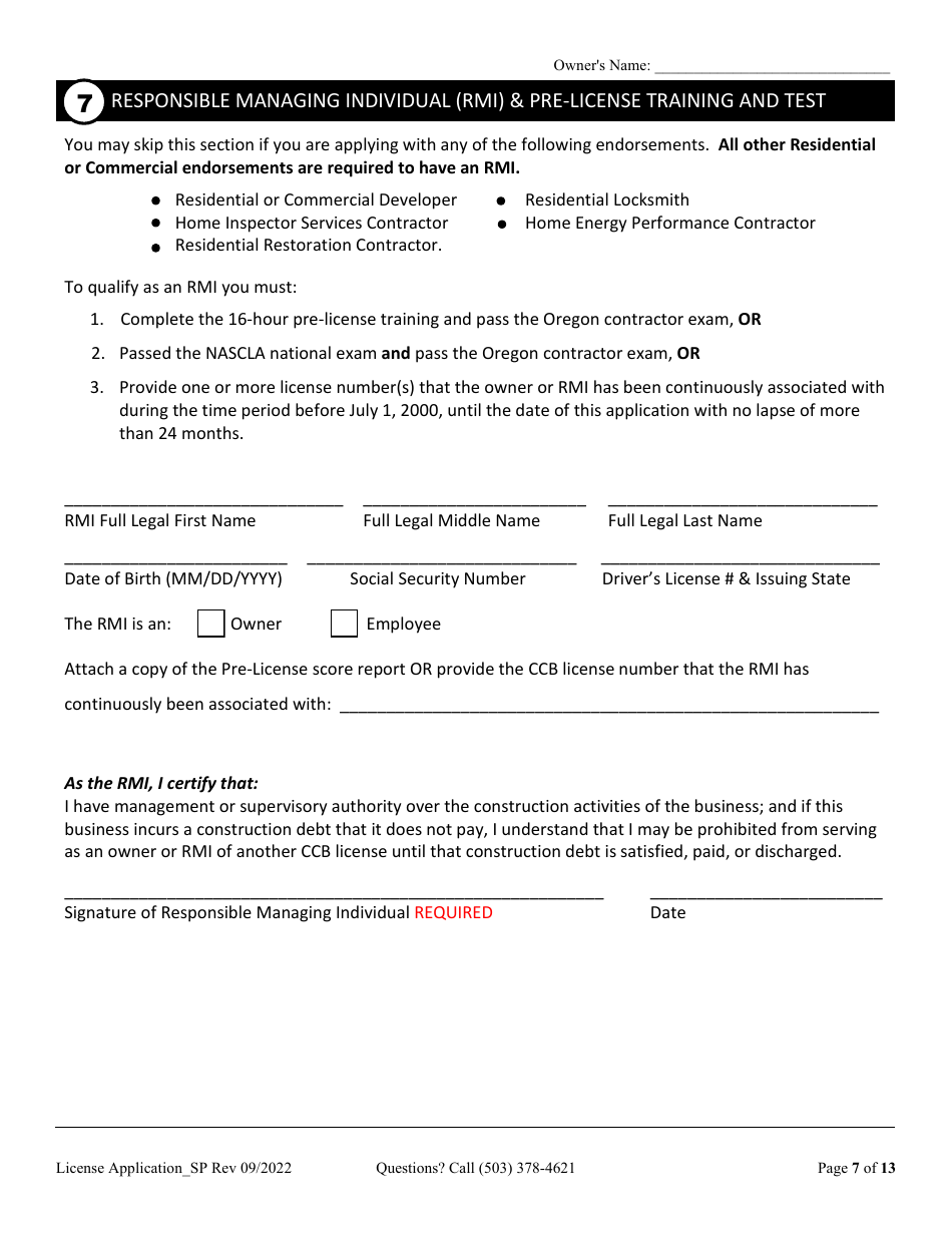 Oregon License Application for Sole Proprietorship (Residential