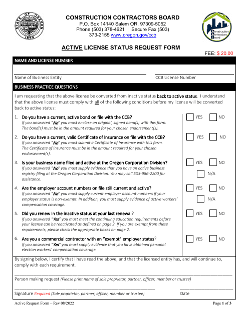 Active License Status Request Form - Oregon Download Pdf