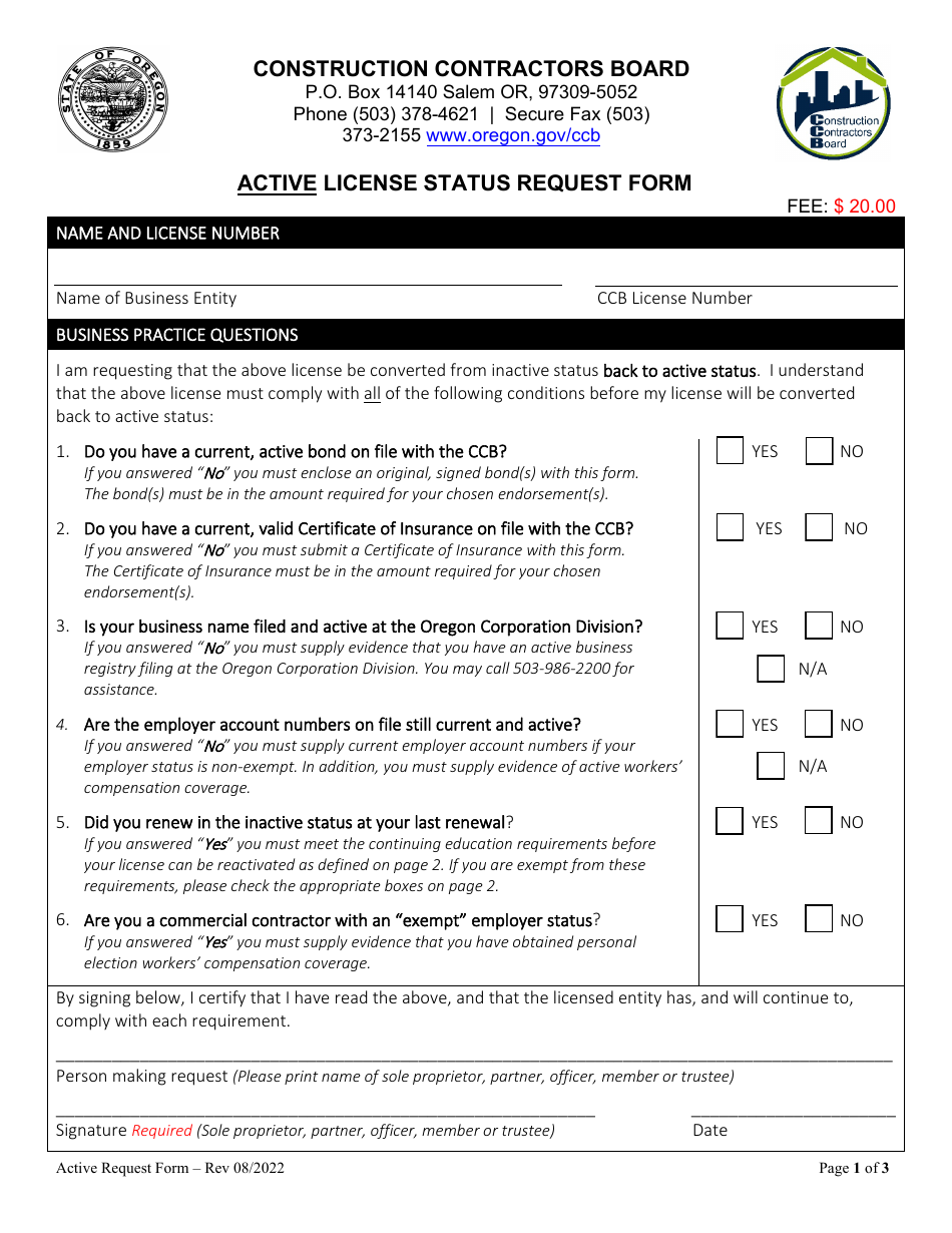 Active License Status Request Form - Oregon, Page 1