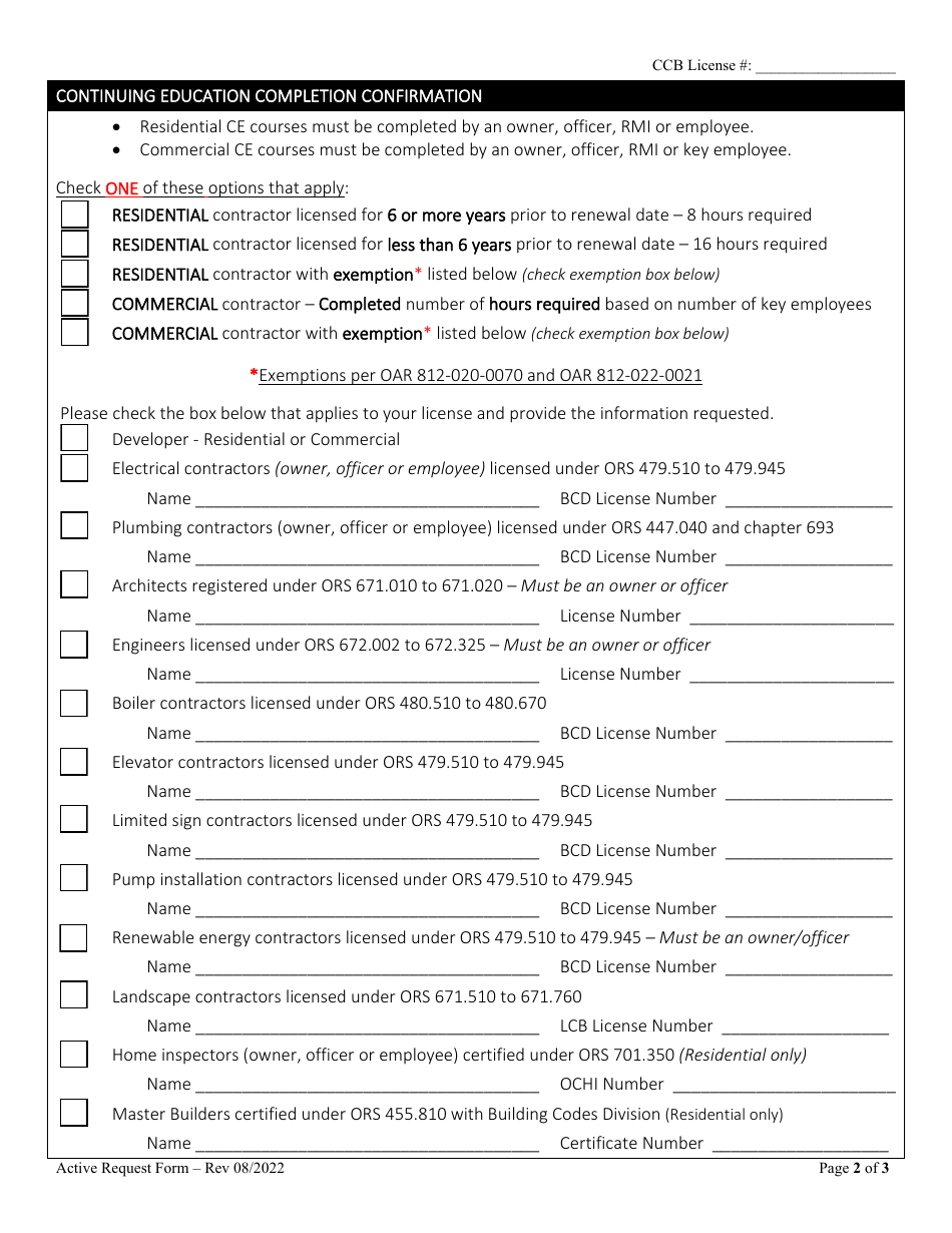 Active License Status Request Form - Oregon, Page 2
