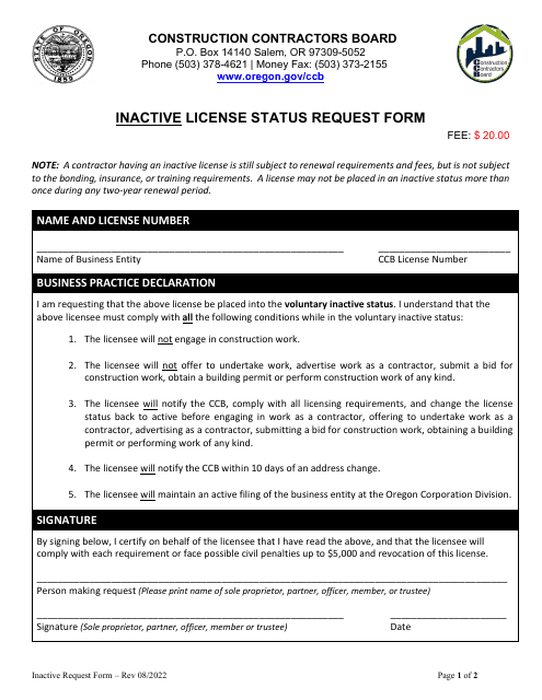 Inactive License Status Request Form - Oregon Download Pdf