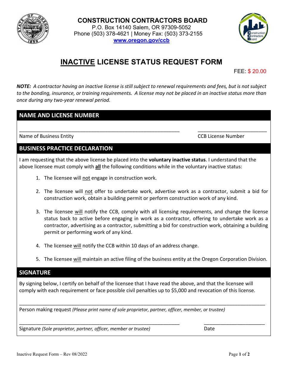 Inactive License Status Request Form - Oregon, Page 1