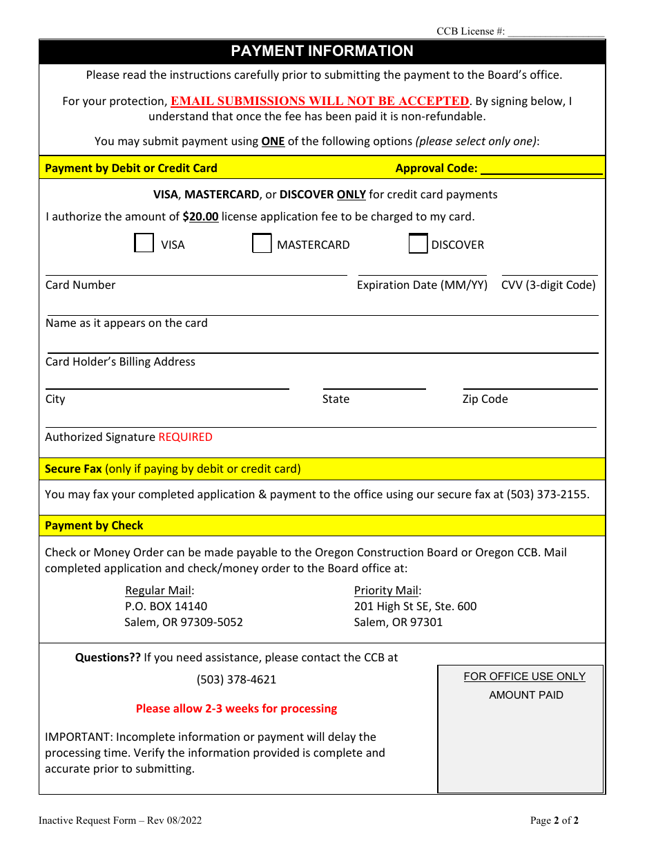 Inactive License Status Request Form - Oregon, Page 2