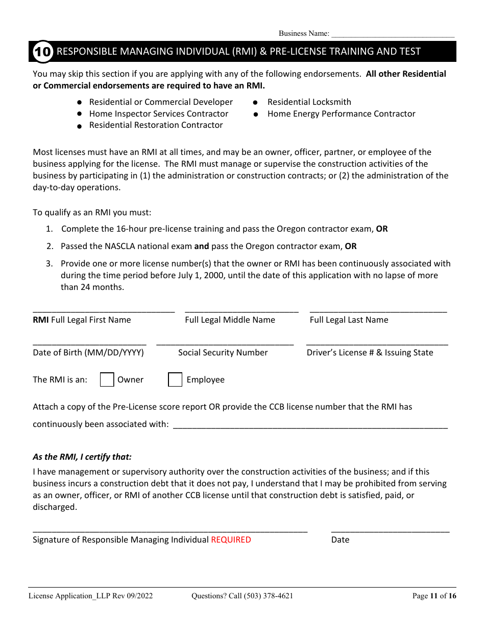 License Application Limited Liability Partnership (LLP ) or Limited Partnership (Lp) (Residential, Commercial or Dual Endorsement) - Oregon, Page 11