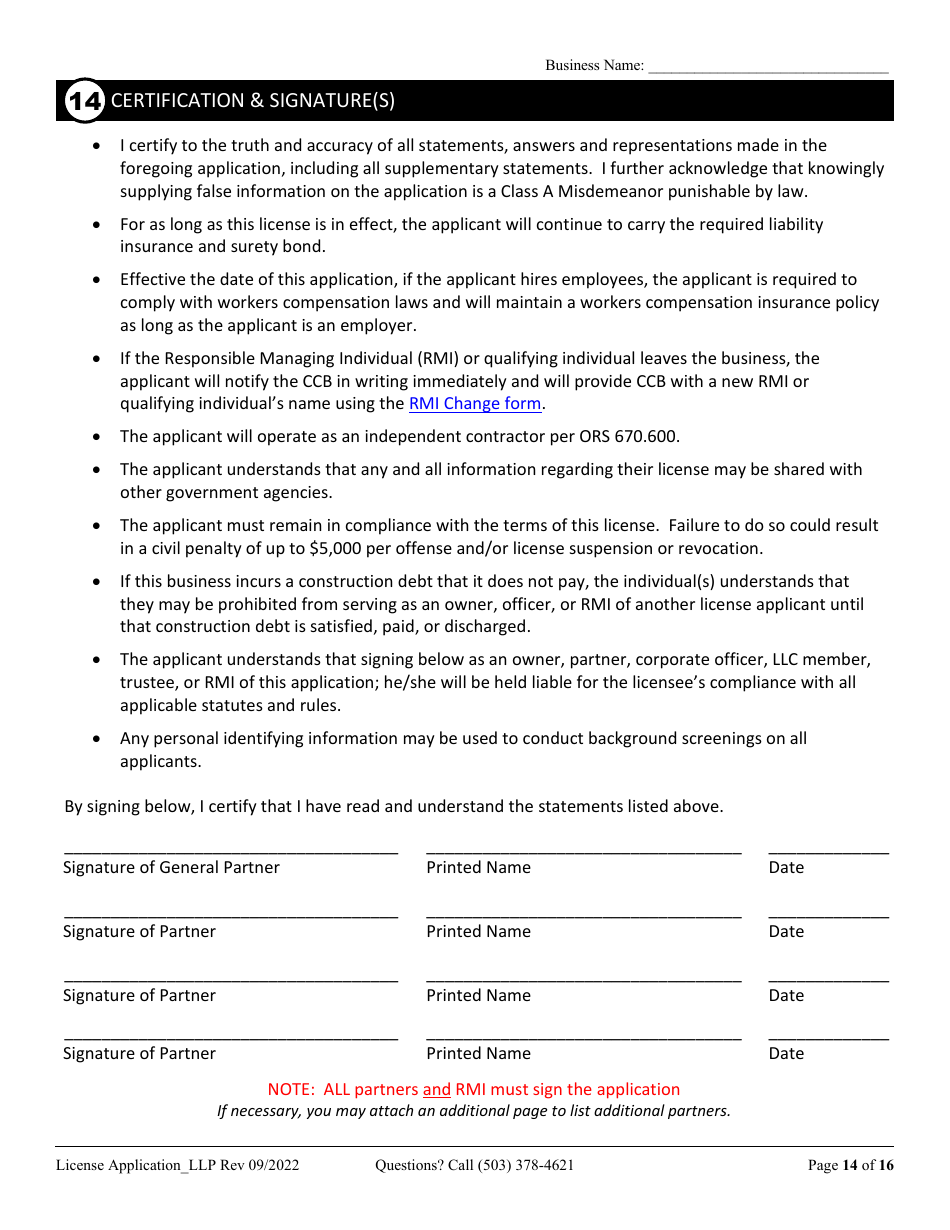 License Application Limited Liability Partnership (LLP ) or Limited Partnership (Lp) (Residential, Commercial or Dual Endorsement) - Oregon, Page 14
