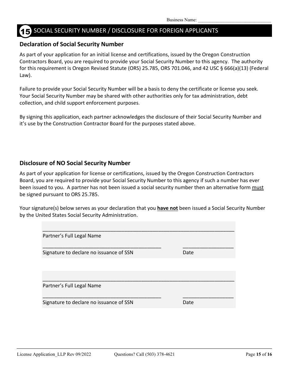 License Application Limited Liability Partnership (LLP ) or Limited Partnership (Lp) (Residential, Commercial or Dual Endorsement) - Oregon, Page 15