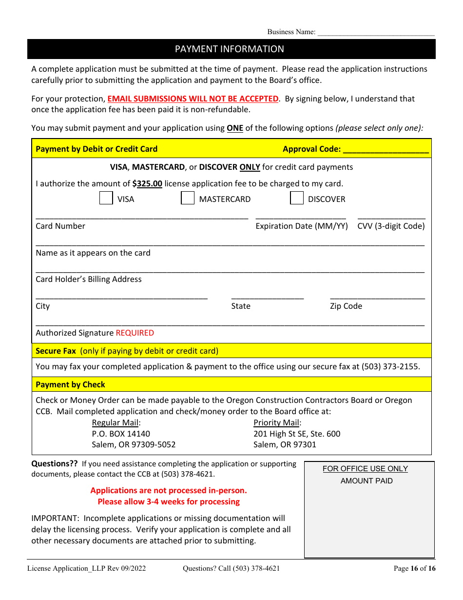License Application Limited Liability Partnership (LLP ) or Limited Partnership (Lp) (Residential, Commercial or Dual Endorsement) - Oregon, Page 16